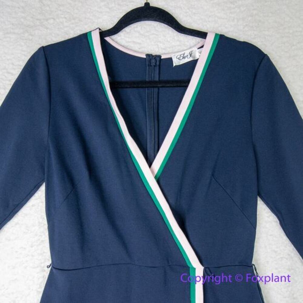 Eliza J‎ Contrast Trim Surplice V-Neck Wrap blue Dress, size 8 - Picture 3 of 16